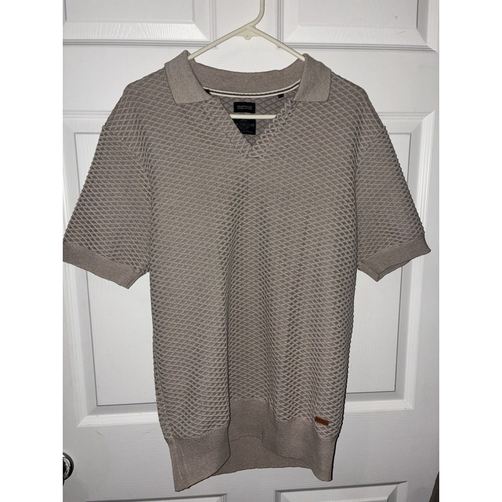 Buffalo David Bitton Wotex Mens SS Knit Sweater Polo Open Collar Taupe Grey L